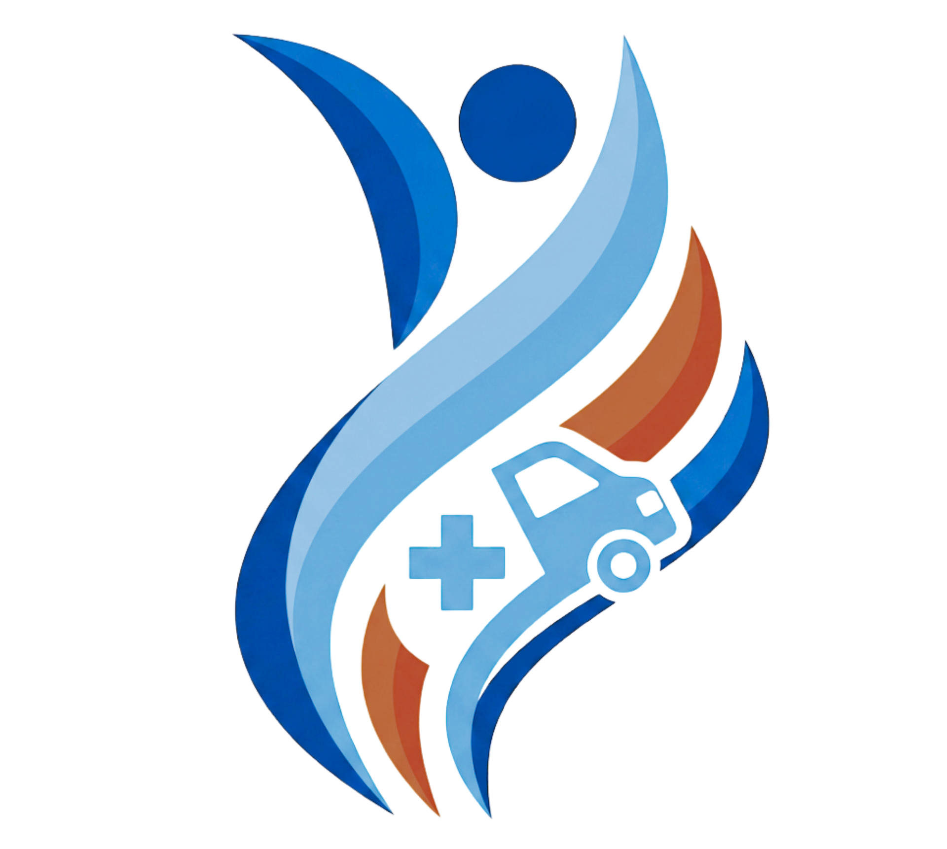 Blue and orange medical logo with a person, cross, and ambulance icon