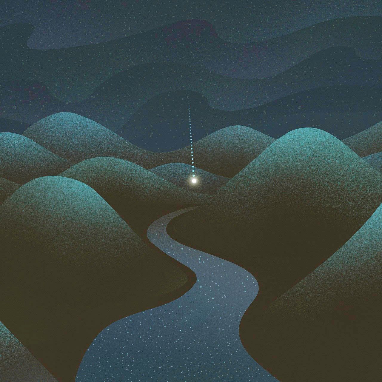 Hills surround a starry river leading to a glowing light suspended from the dark night sky.