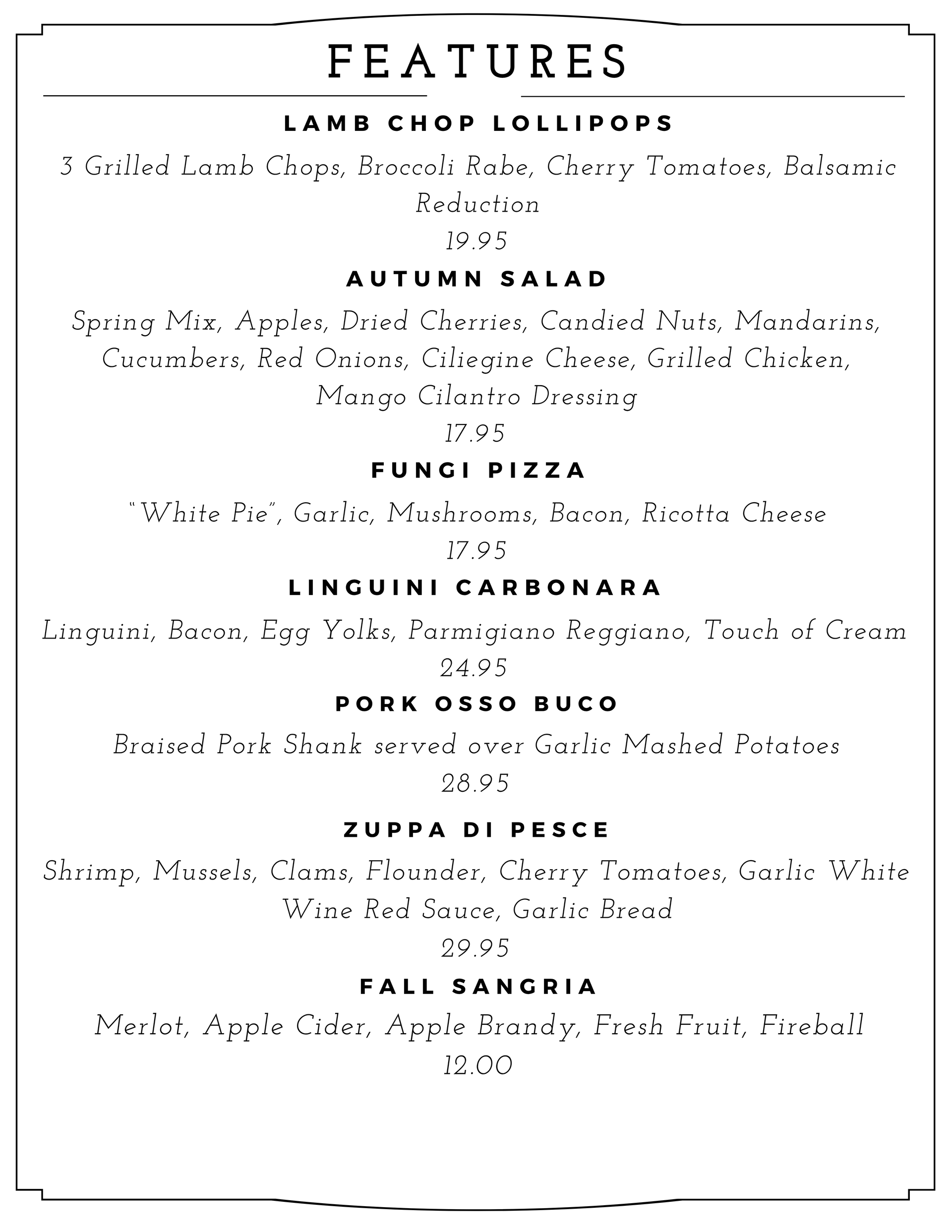Restaurant menu page listing featured dishes in black text on a white background