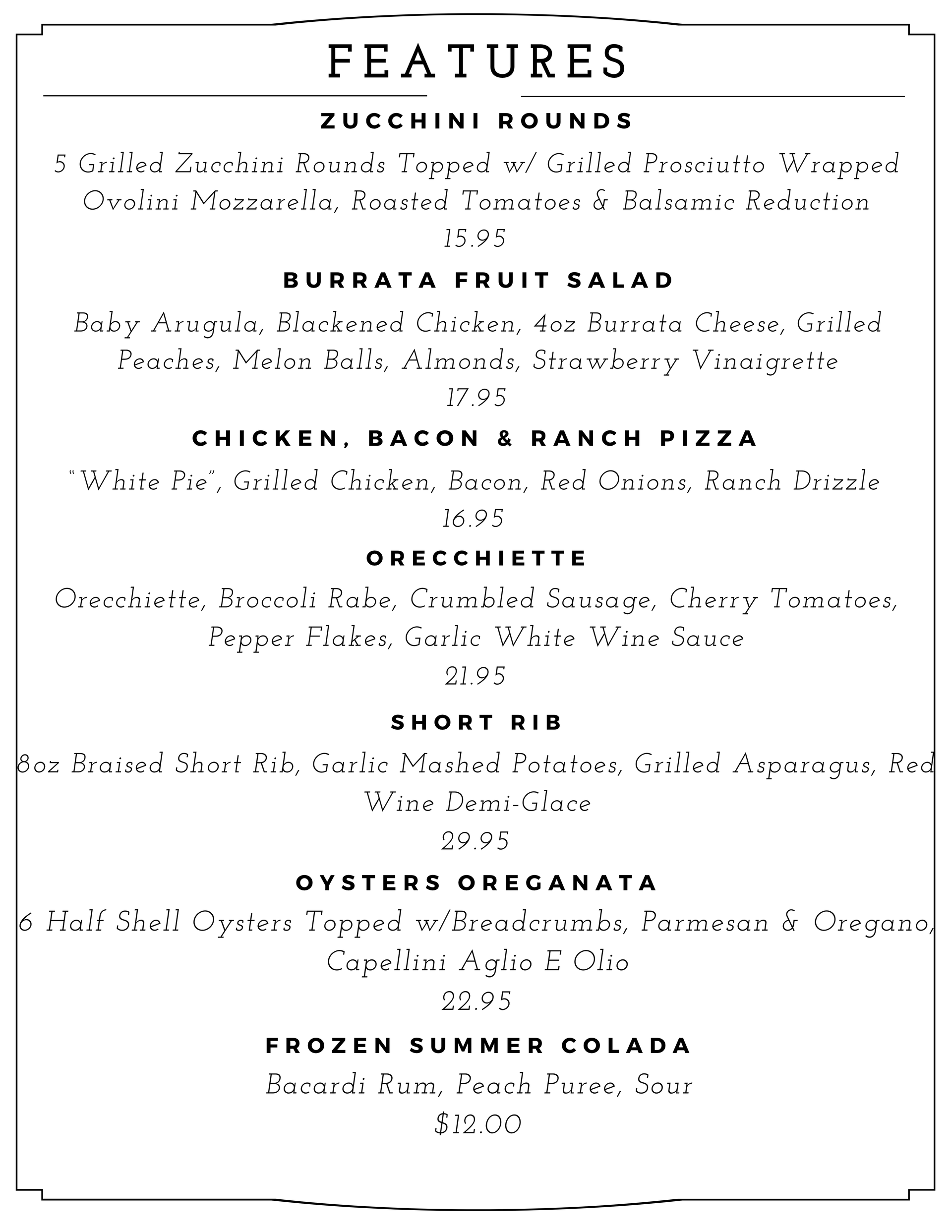 Restaurant menu page listing featured dishes in black text on a white background