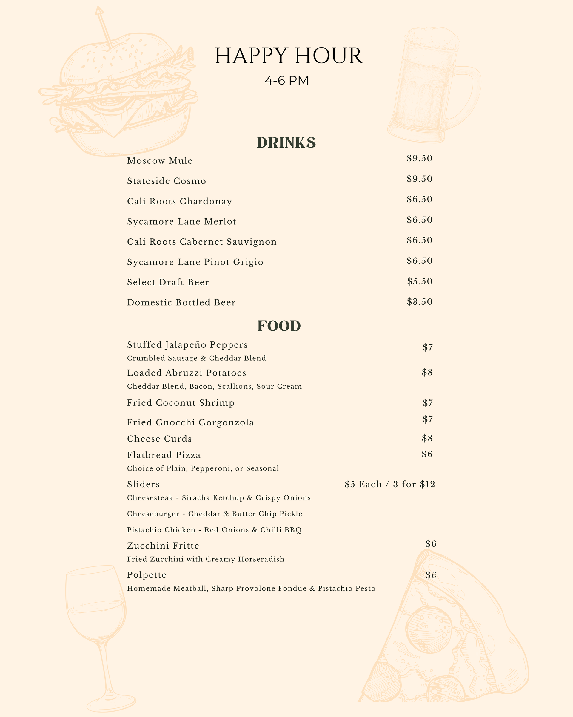 Beige Valentine's Day menu with drinks and food listed in elegant script and line art hearts.