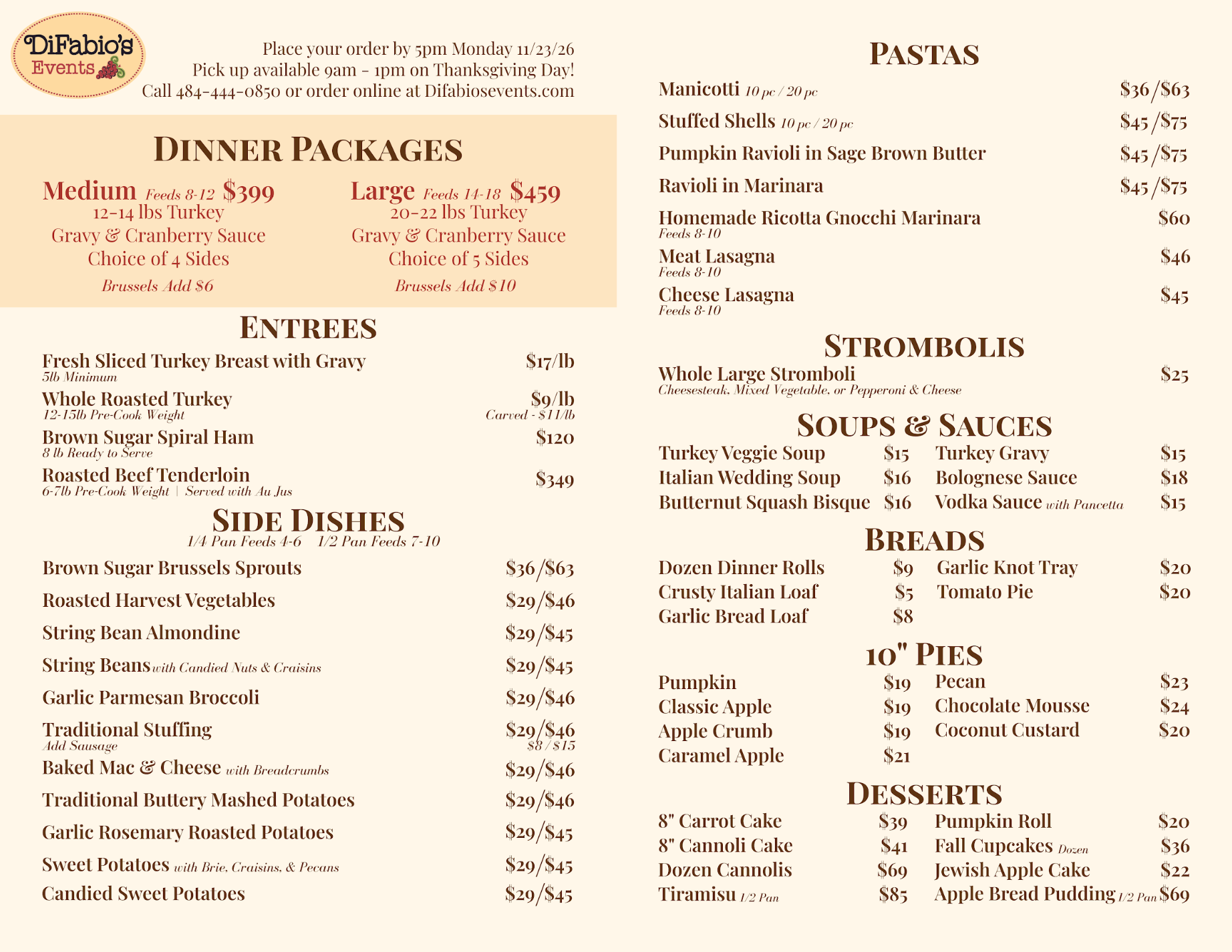 Mother’s Day brunch buffet flyer with pink floral border and menu of breakfast, lunch and dessert items