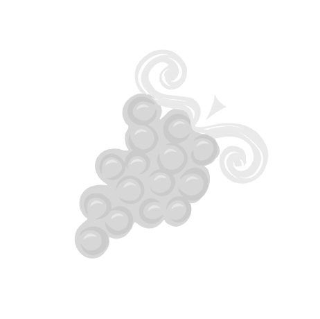Cluster of gray grapes with stem and curling vine elements.