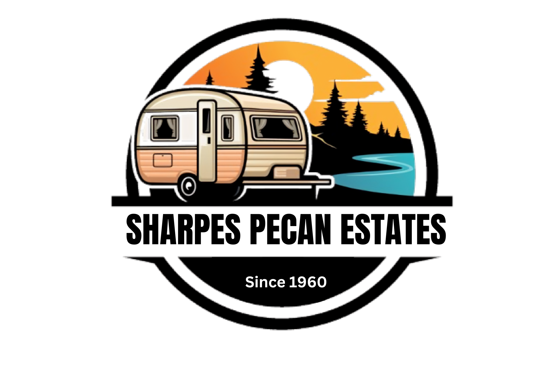 The logo for sharpes pecan estates shows a trailer parked next to a lake.
