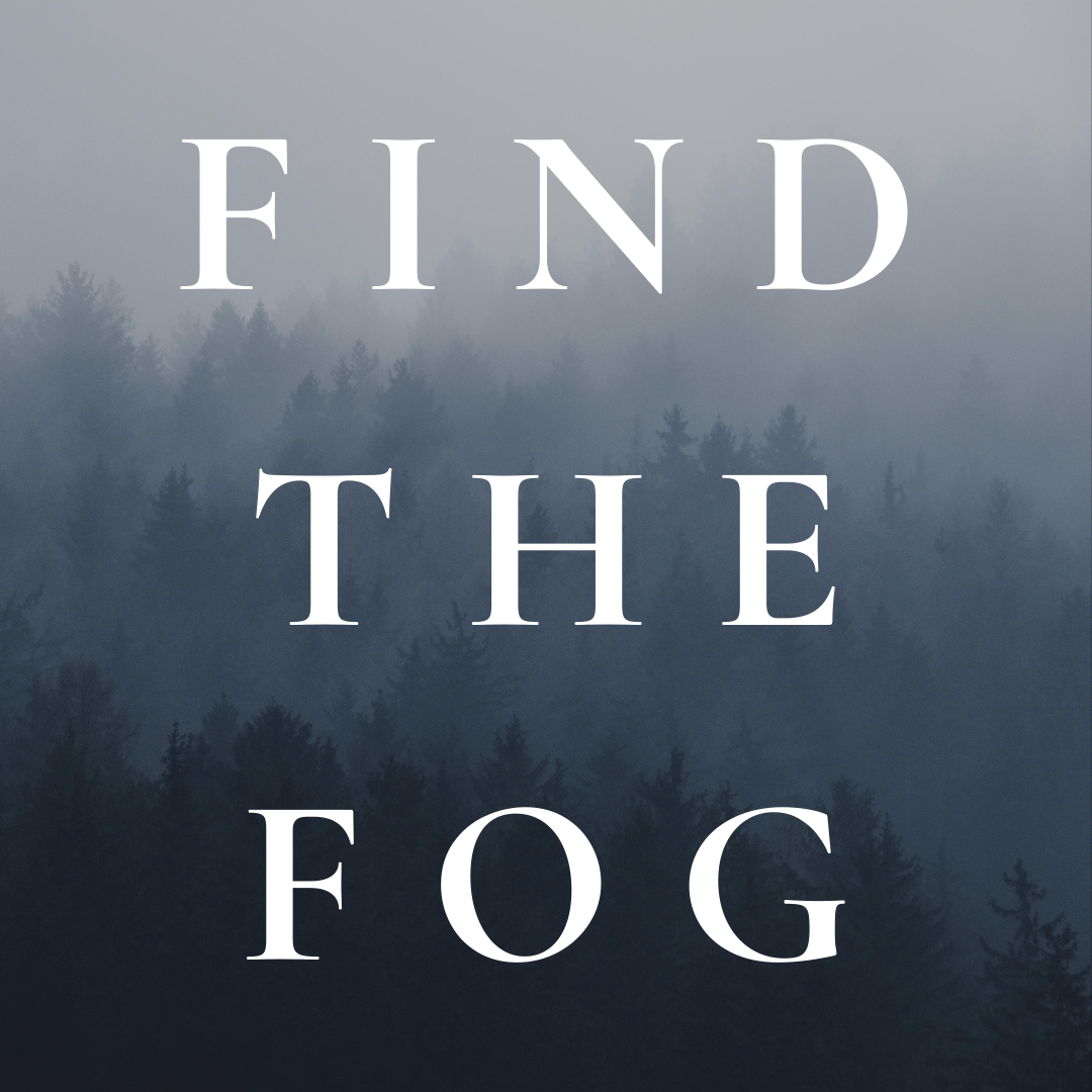 A poster that says find the fog with a foggy forest in the background