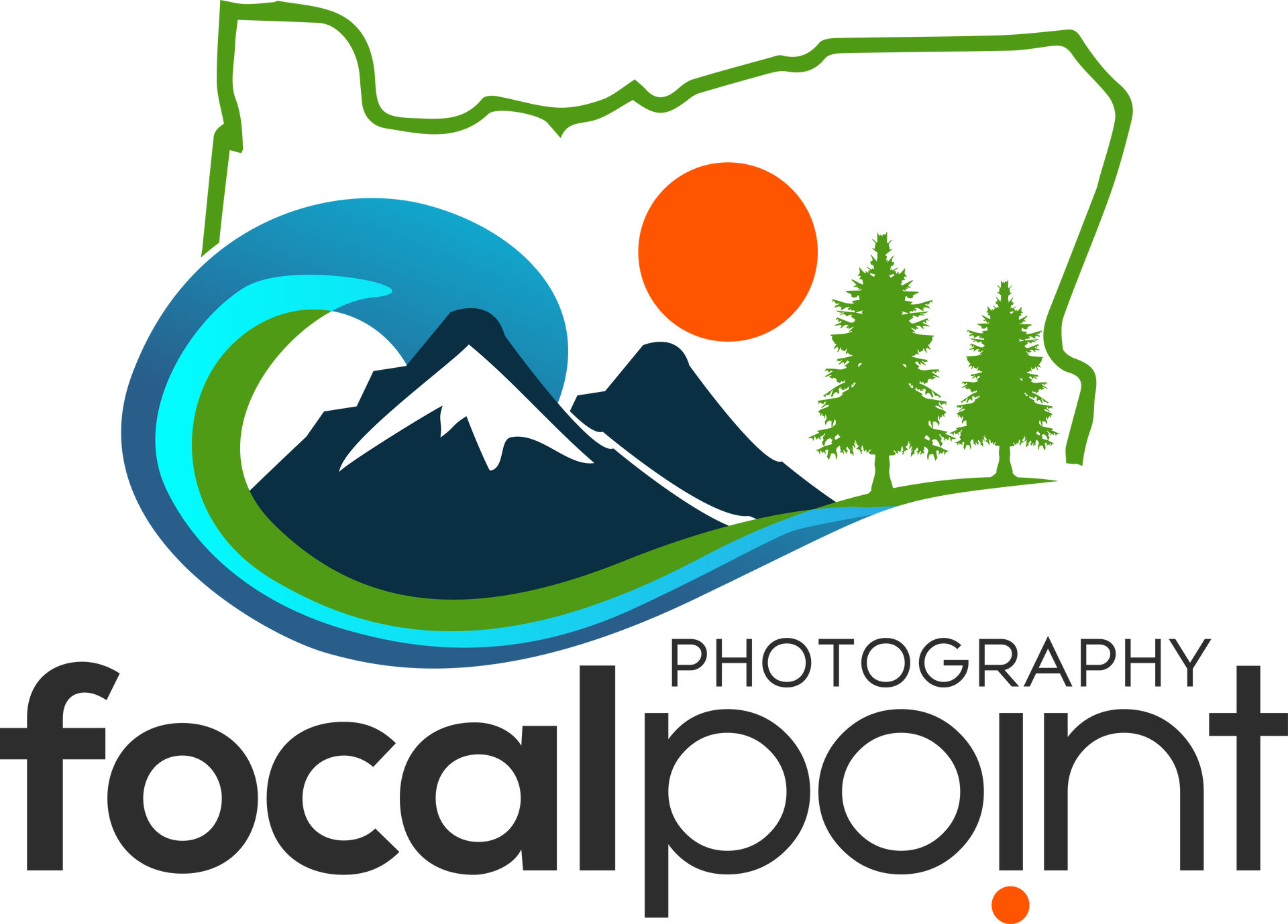 A logo for focal point photography with mountains , trees , and a wave.