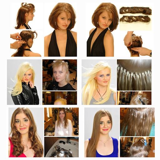 A collage of pictures of women getting their hair done.