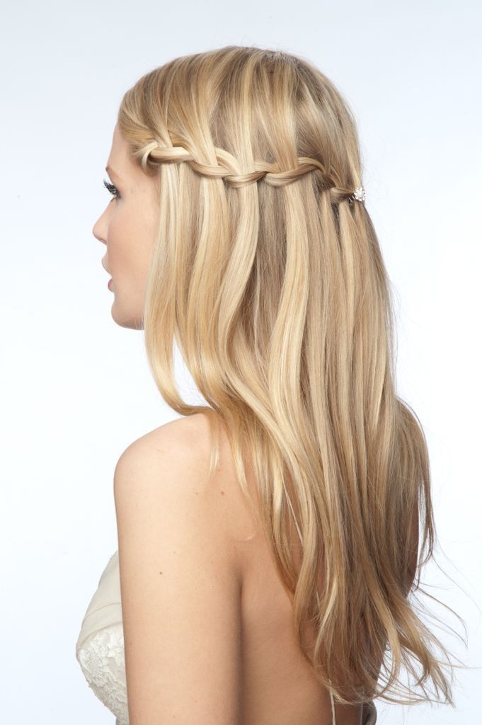 A woman with long blonde hair is wearing a braided hairstyle.