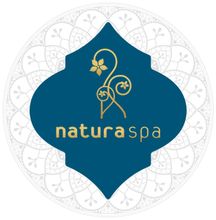 A blue and gold logo for natura spa