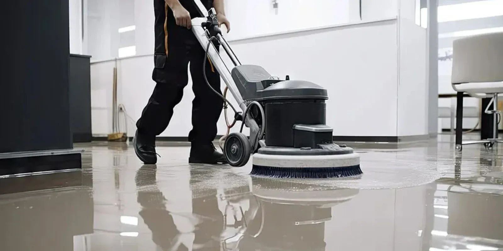 Person operating a floor scrubber in a bright hallway with a reflective floor