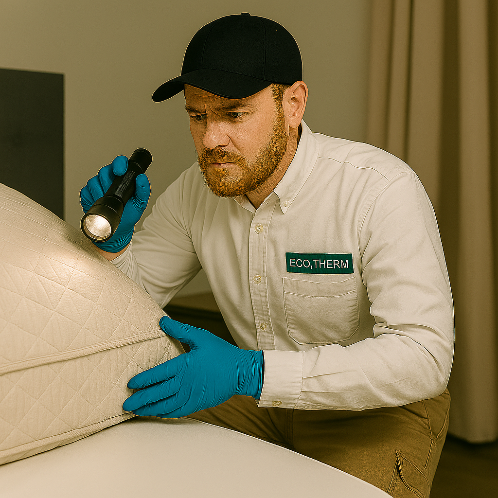 Pest control worker inspecting a mattress with a flashlight, wearing a cap, gloves, and a company shirt in a bedroom.
