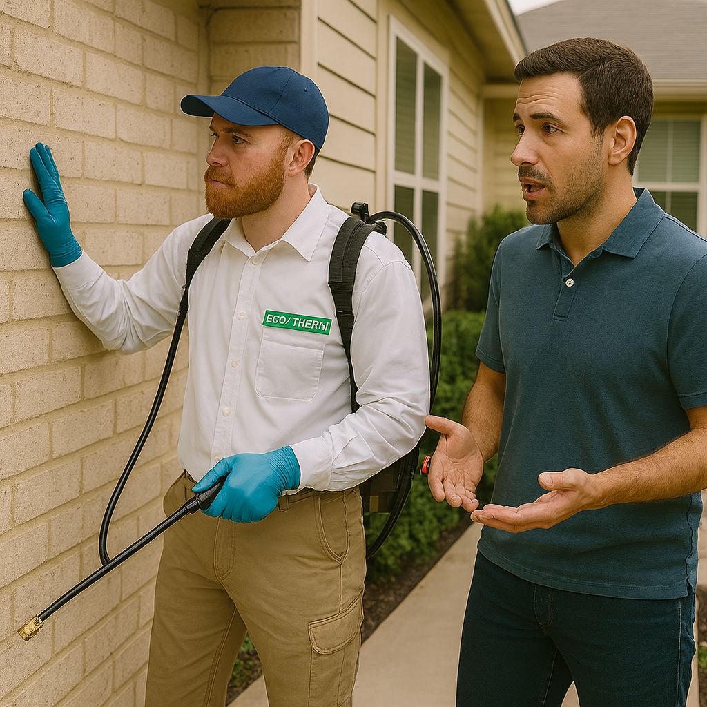 Pest control worker spraying a house exterior with a customer, discussing potential problem areas.