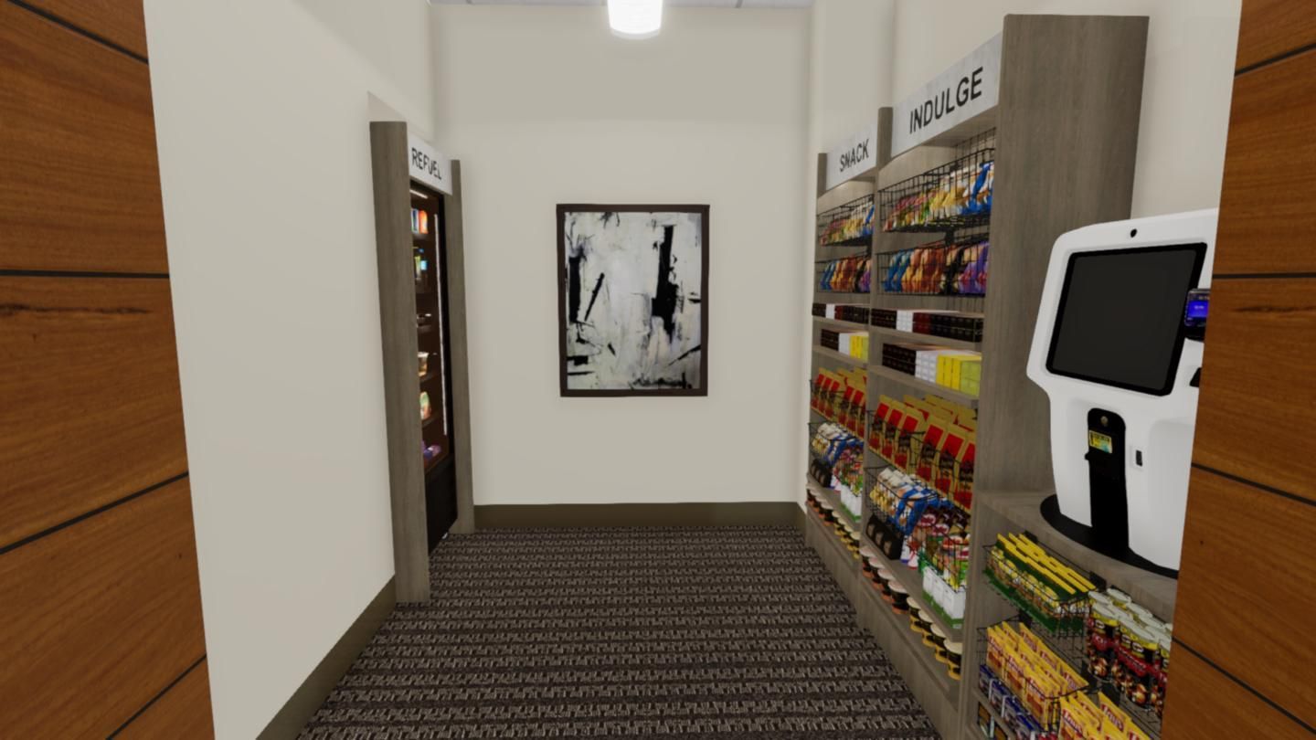 A hallway with a picture on the wall and a vending machine.