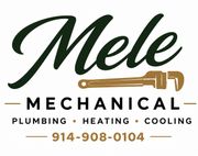 Mele Mechanical logo with gold wrench, black text, and services: plumbing, heating, cooling, 914-908-0104