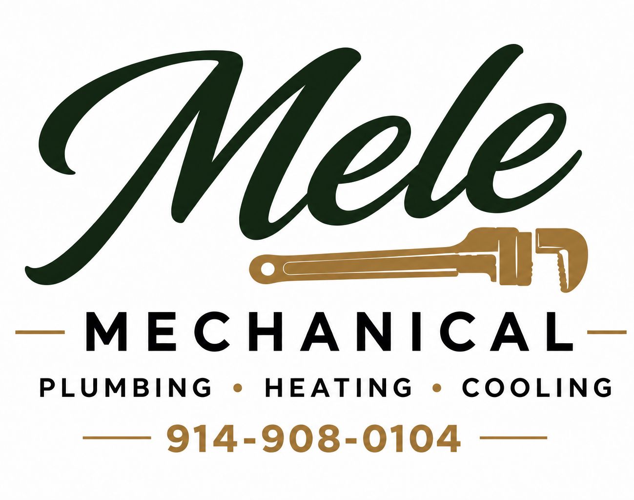 Mele Mechanical logo with gold wrench, black text, and services: plumbing, heating, cooling, 914-908-0104