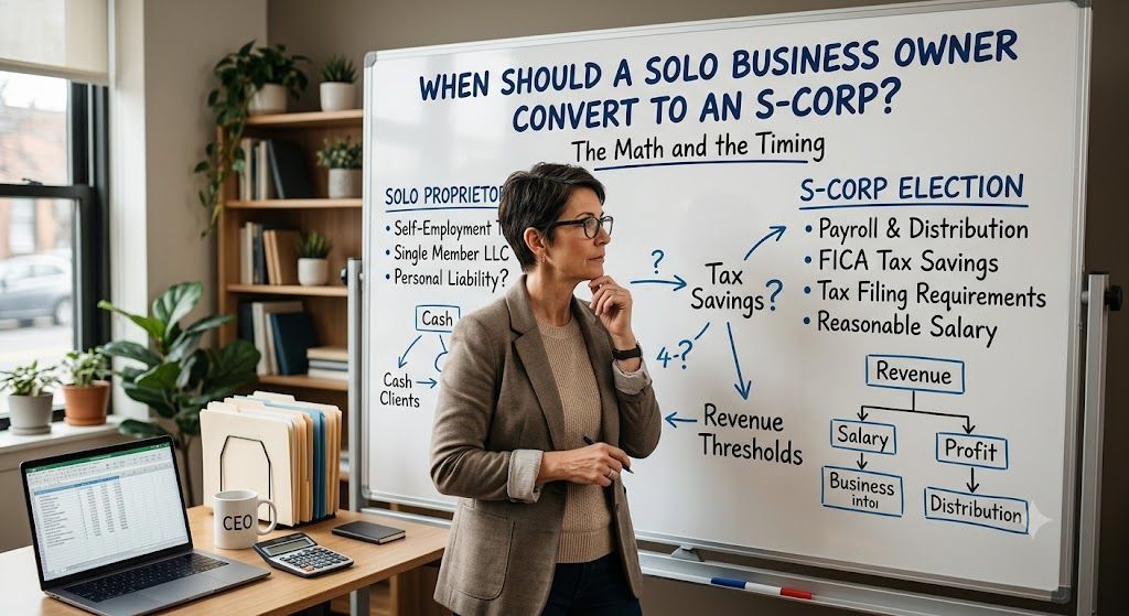 Advisor explaining S-Corp tax savings and reasonable salary for a solo business owner