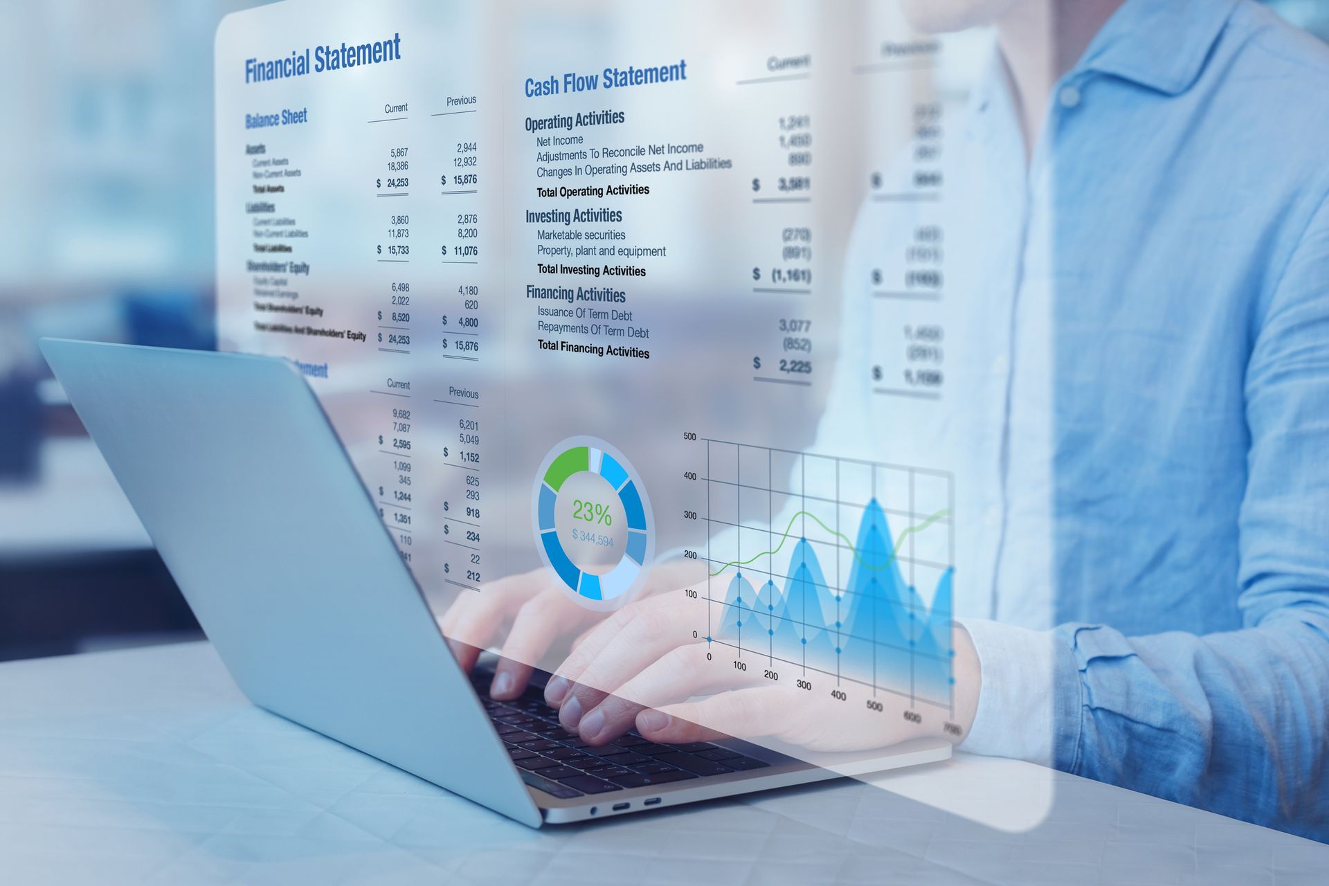 A person is typing on a laptop computer while looking at a financial statement.