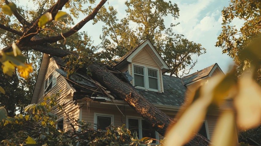 A tree has fallen on the roof of a house.
