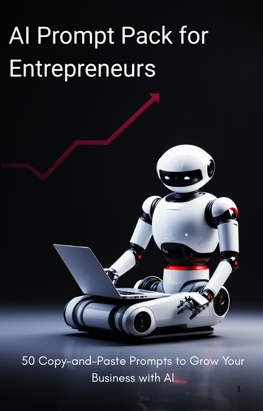 Robot on laptop with business graph. "AI Prompt Pack for Entrepreneurs" with prompts to grow business.