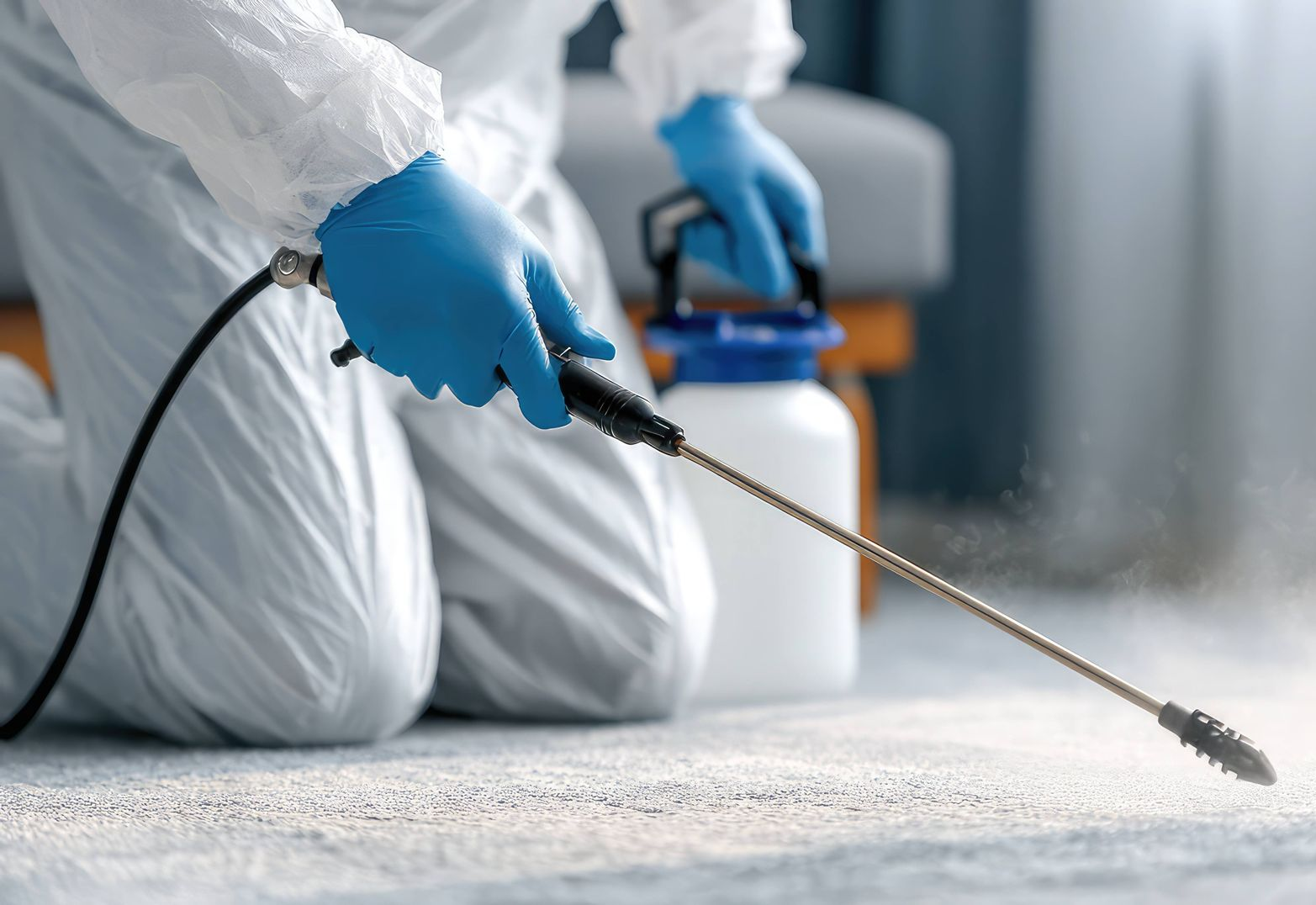 Professional technician applying pesticide to a carpet for effective pest control.