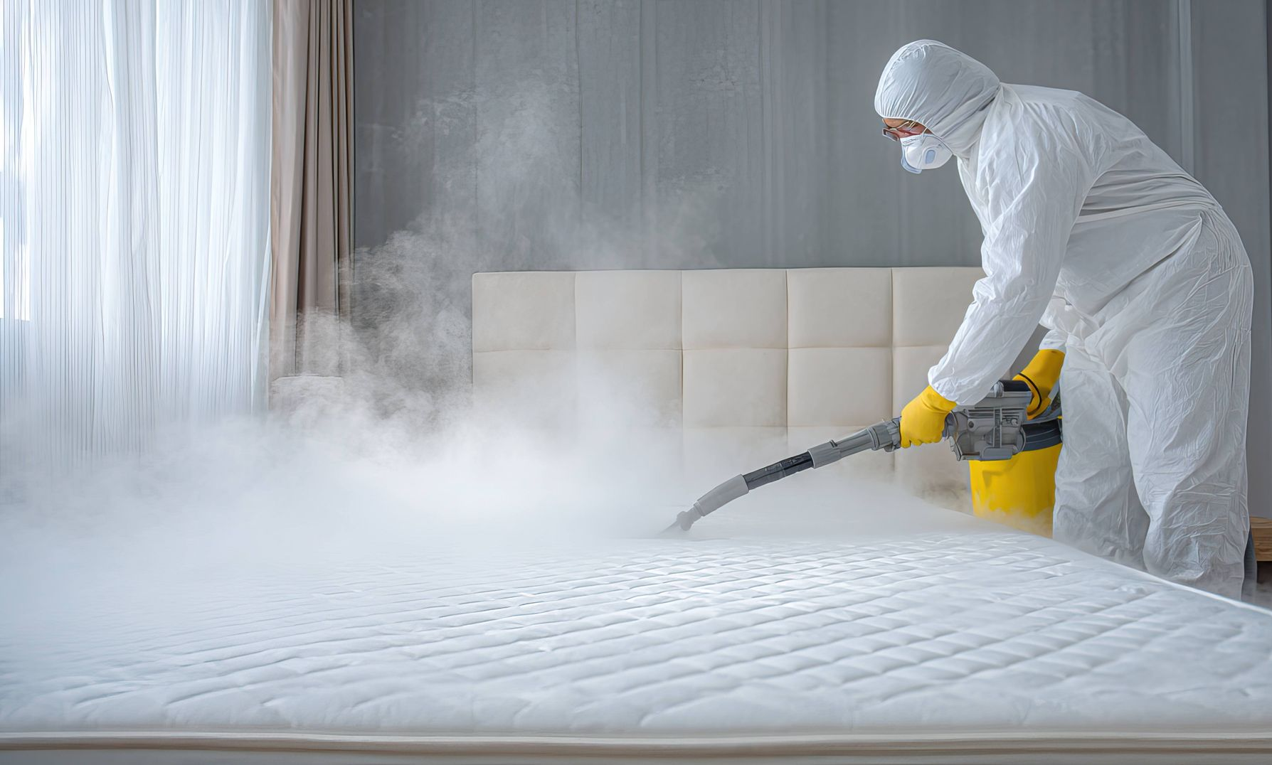A person in protective gear uses a steamer to sanitize a mattress in a bedroom.
