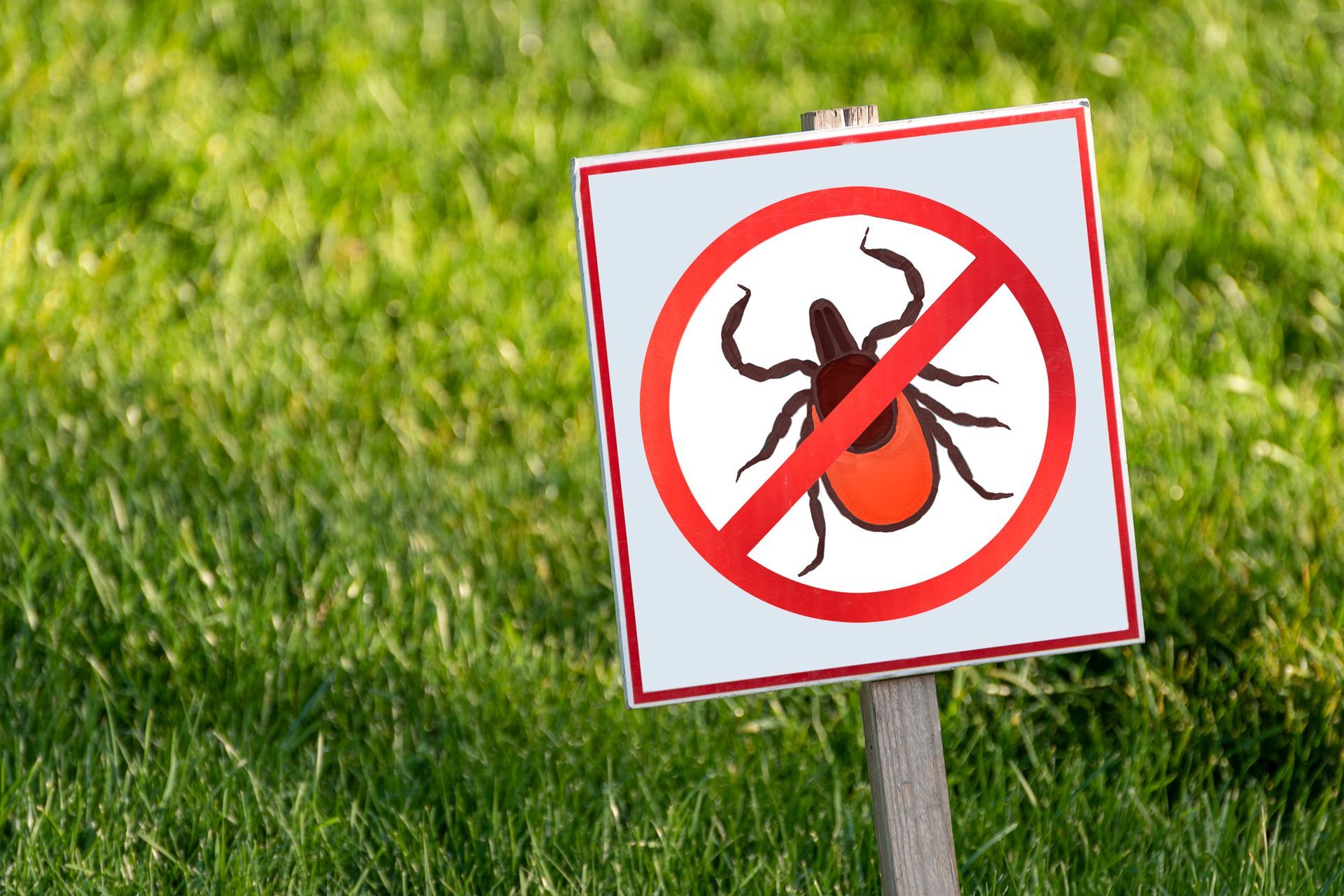 A lawn sign featuring a red circle with a diagonal line crossing out a black and red tick illustrati