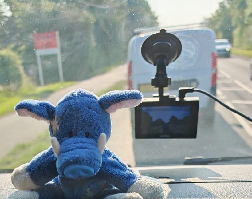 Blue plush pig and dashcam in a car, with a white van and road visible outside the window.