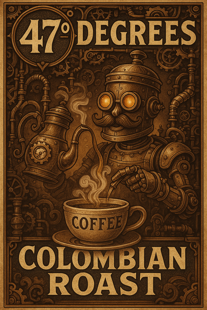 Steampunk robot serving coffee;
