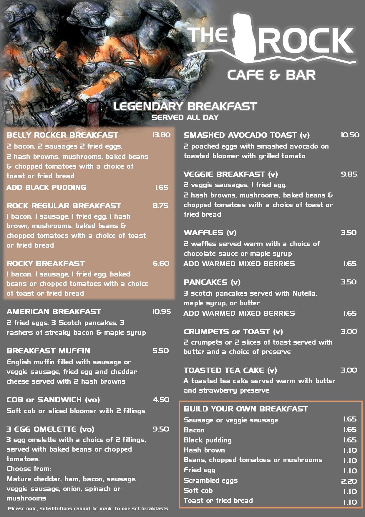 Menu from The Rock Cafe & Bar, listing various breakfast options and prices.