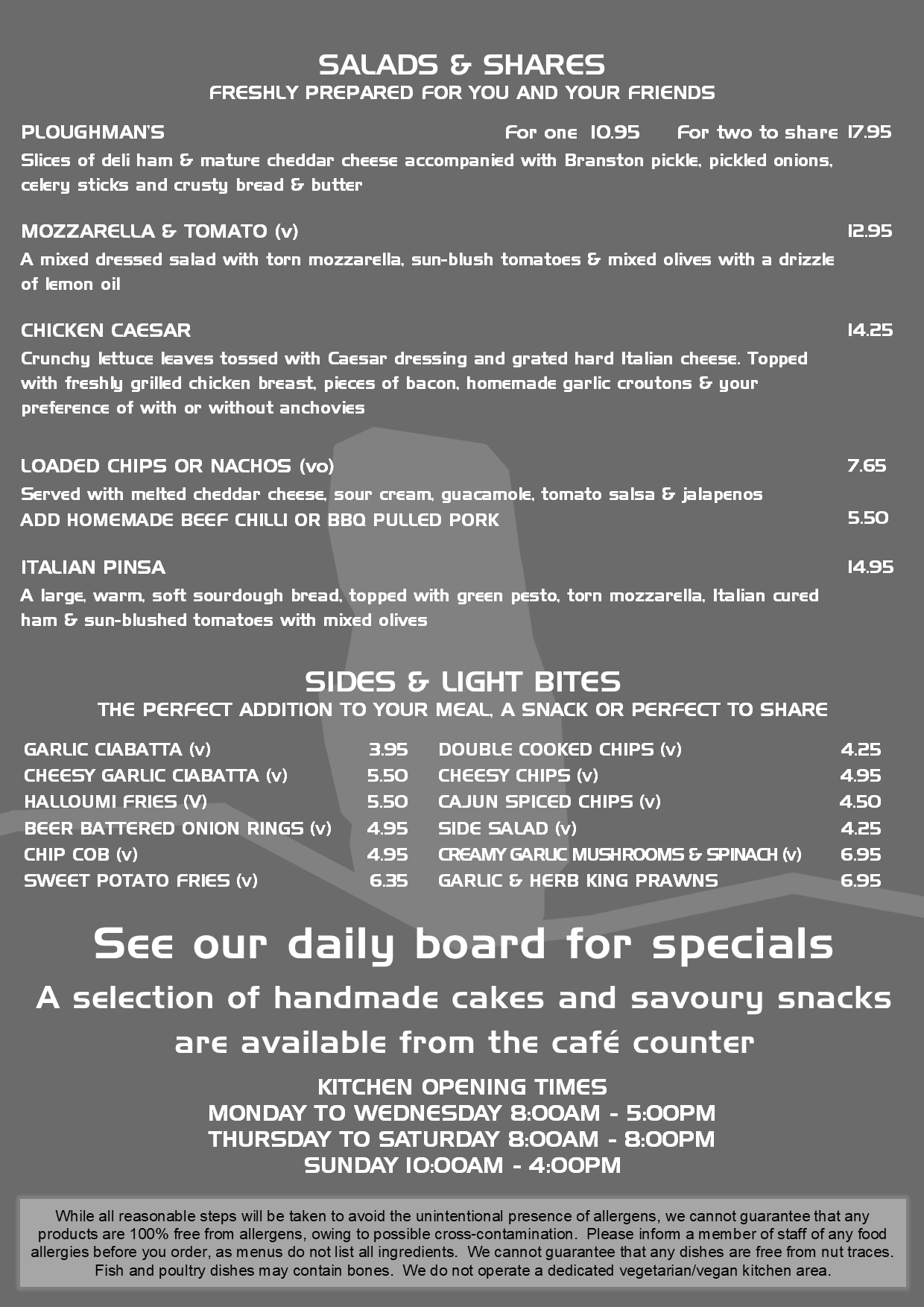 Menu with salads, sides, and snacks listed.