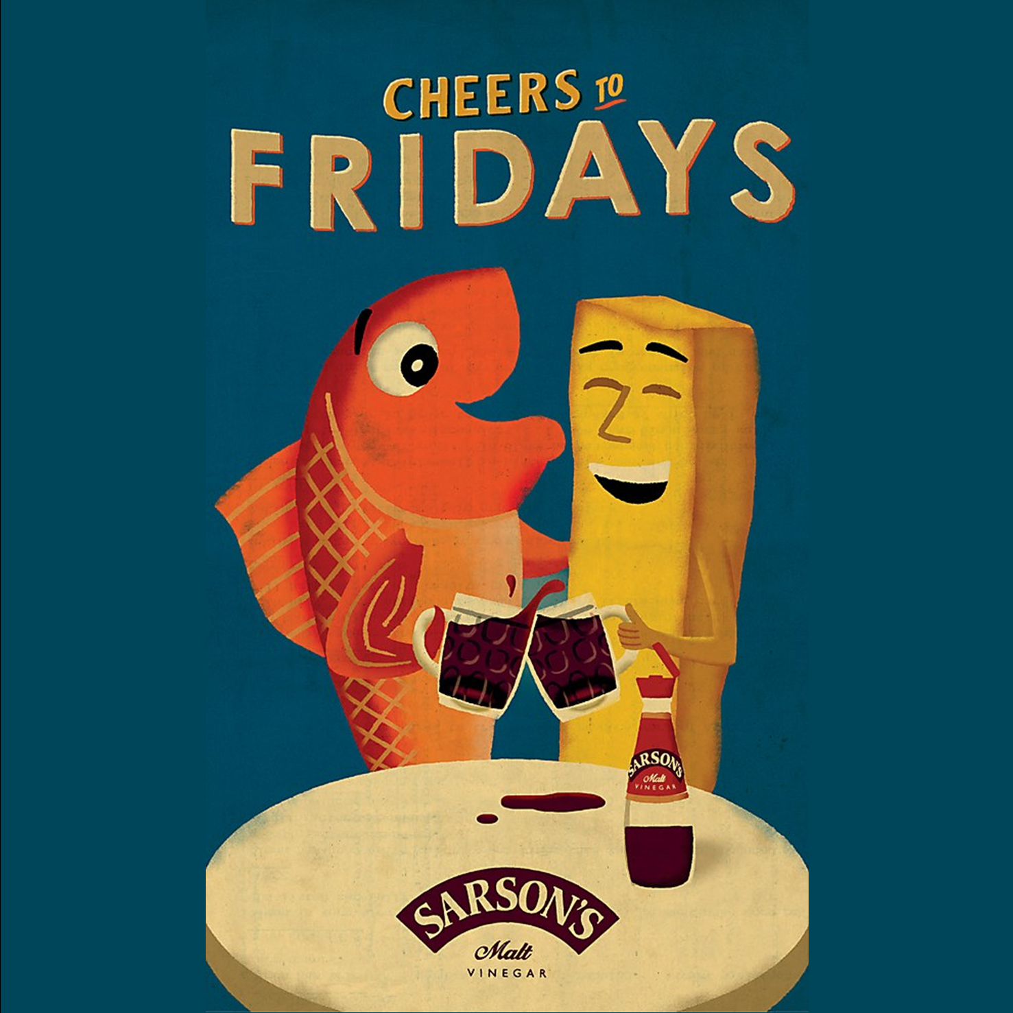 A fish and a chip person toast with dark drinks on a table.