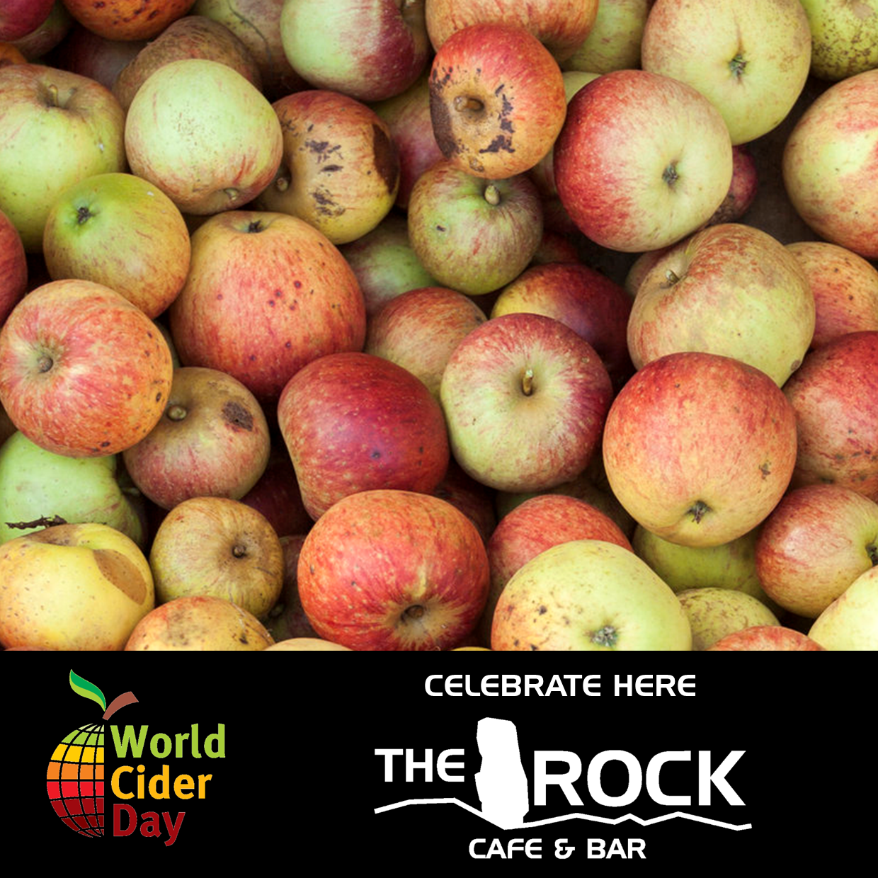 Pile of red and green apples, promoting World Cider Day at The Rock Cafe & Bar.