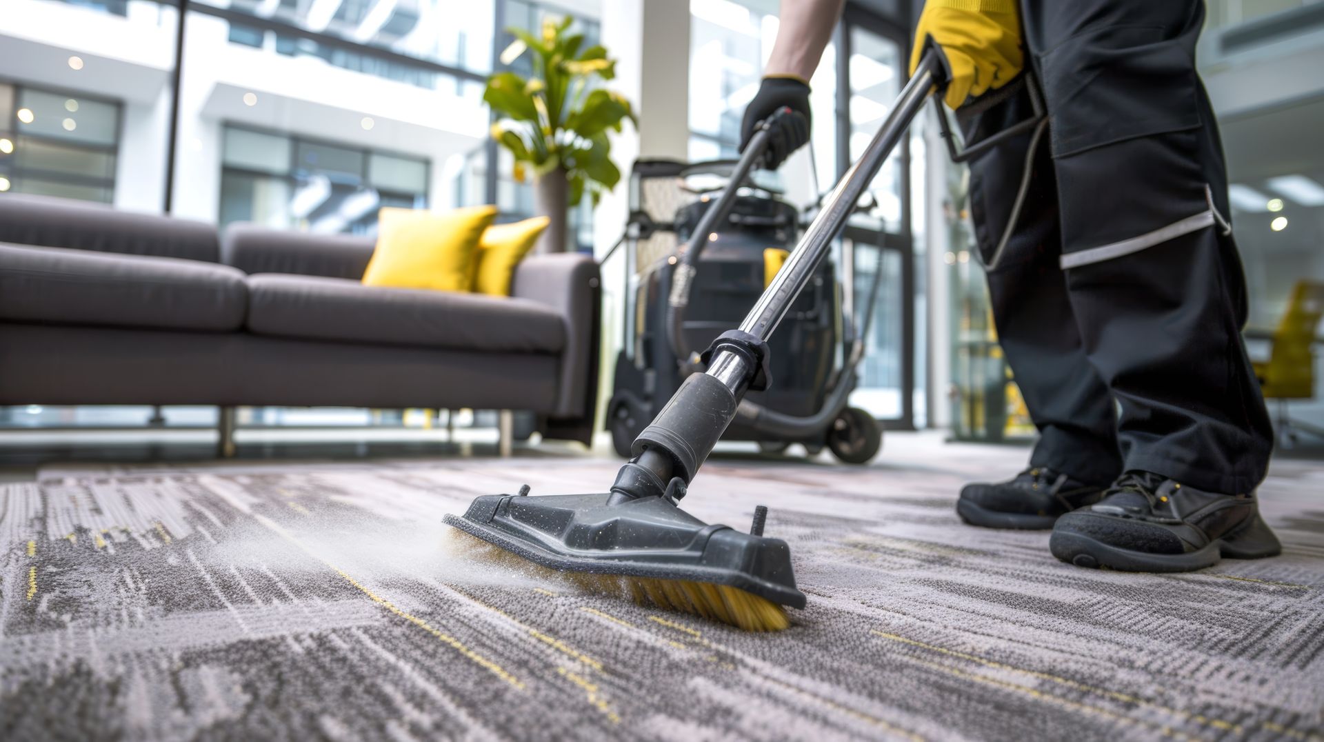 A man is cleaning a carpet with a vacuum cleaner in a living room.