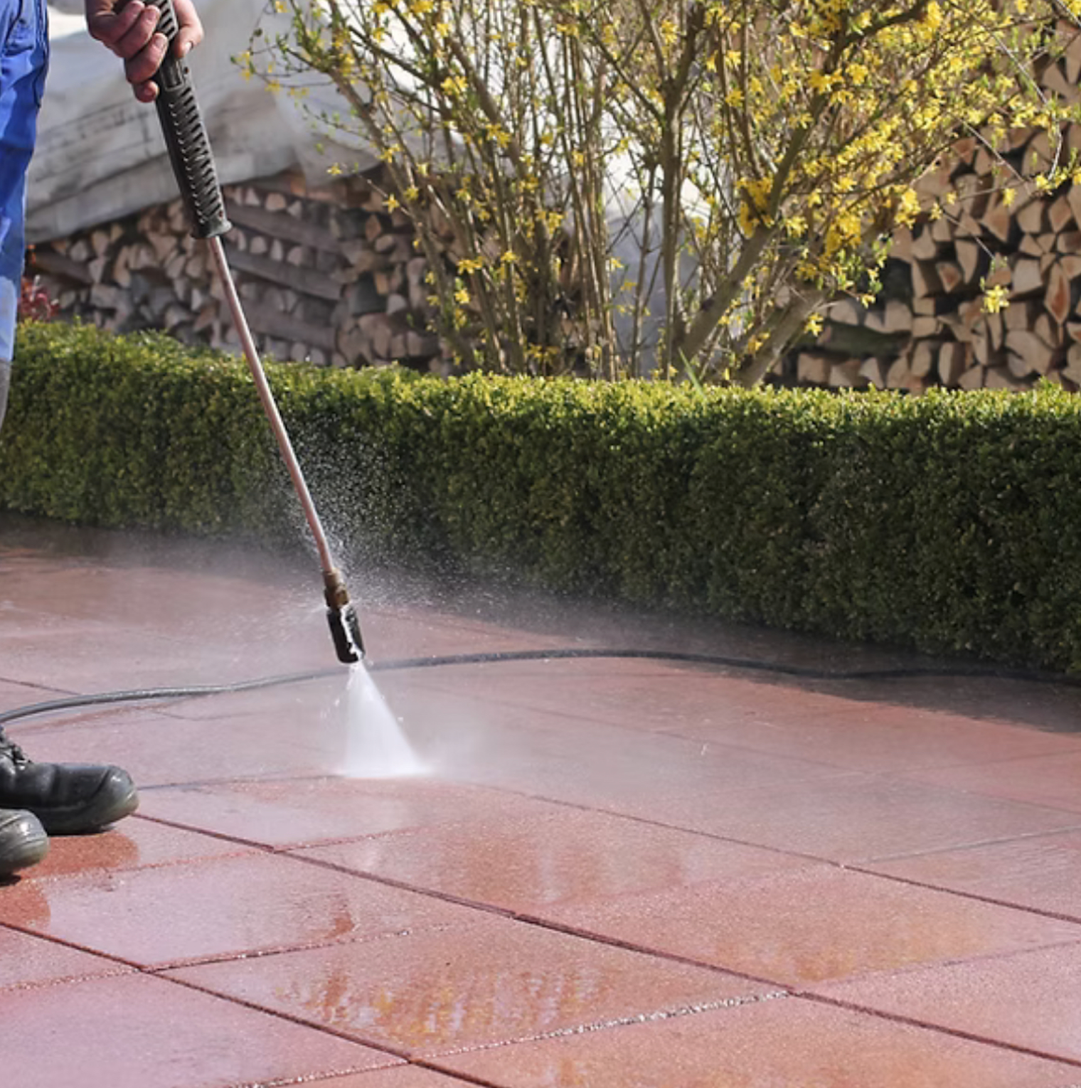 A person is using a high pressure washer to clean a tiled floor