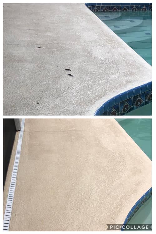 Before and after of a pool deck; top shows faded concrete, bottom shows fresh, tan-colored concrete.