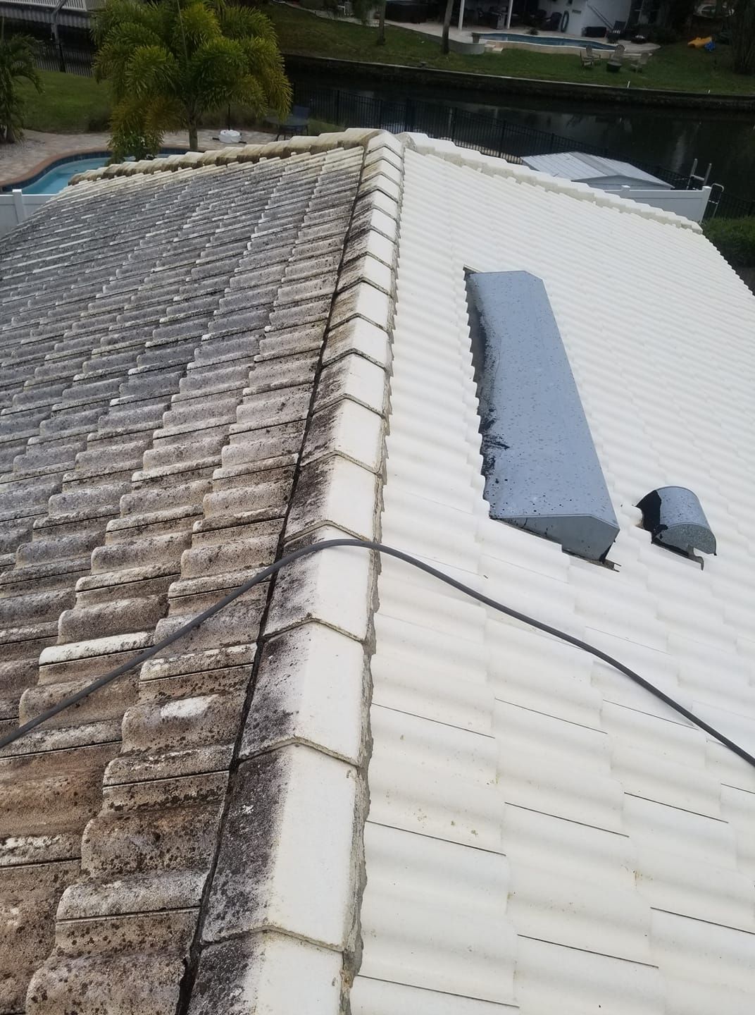 A roof partially cleaned, showing a stark contrast: dirty gray tiles beside clean white tiles.
