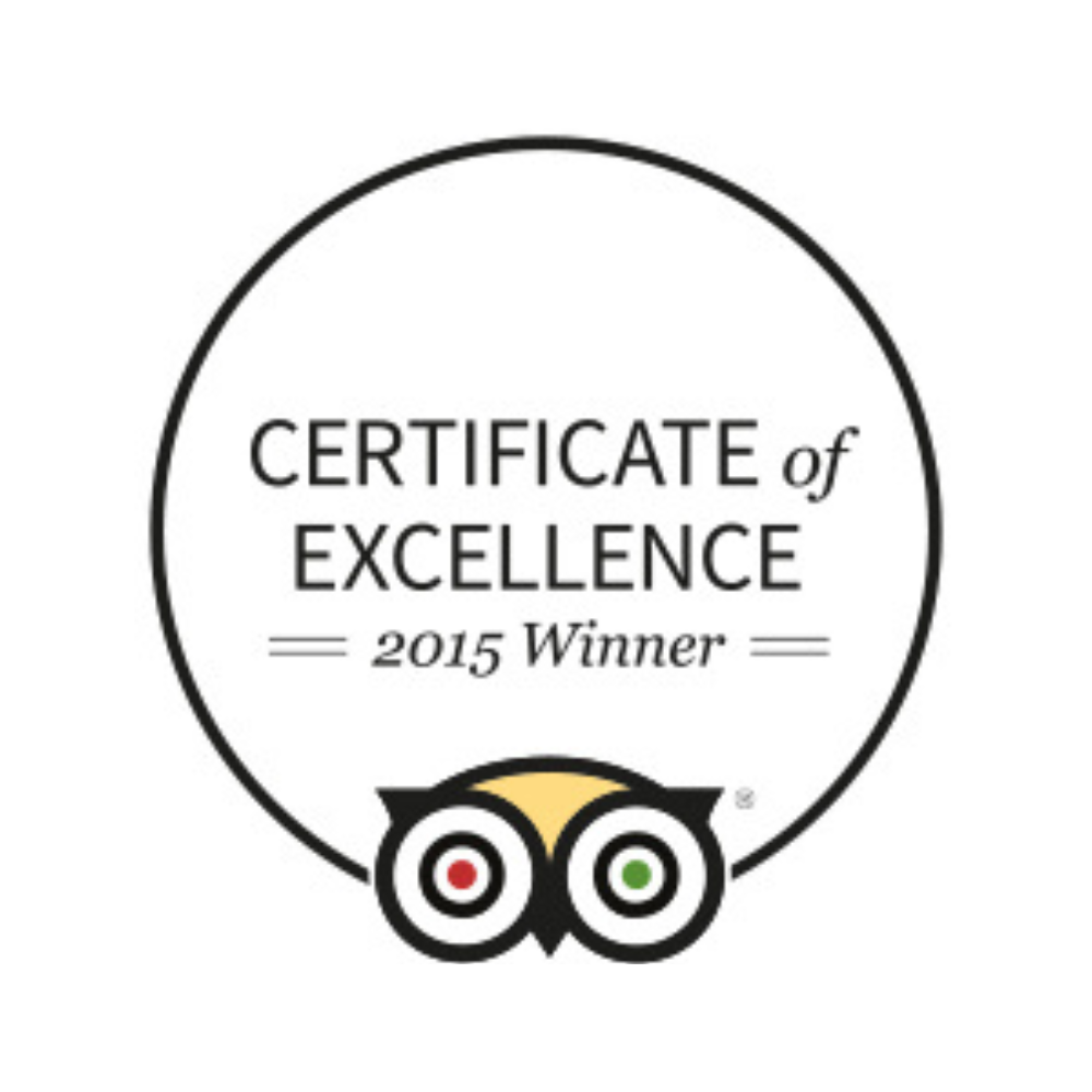 Certificate of Excellence 2015 Winner award badge with a black circle and owl eyes logo