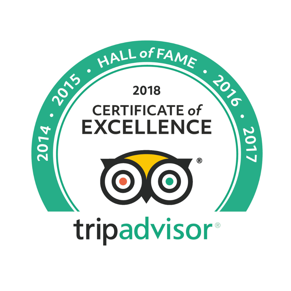 Tripadvisor 2018 Certificate of Excellence Hall of Fame badge in green and white