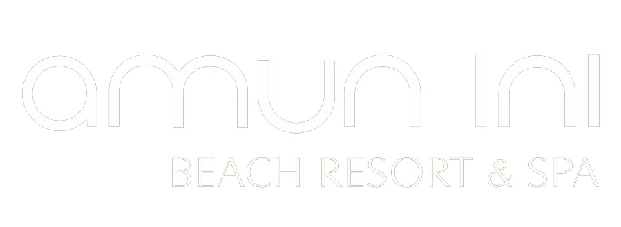 White logo text for “amun ini” with “BEACH RESORT & SPA” beneath it on a white background