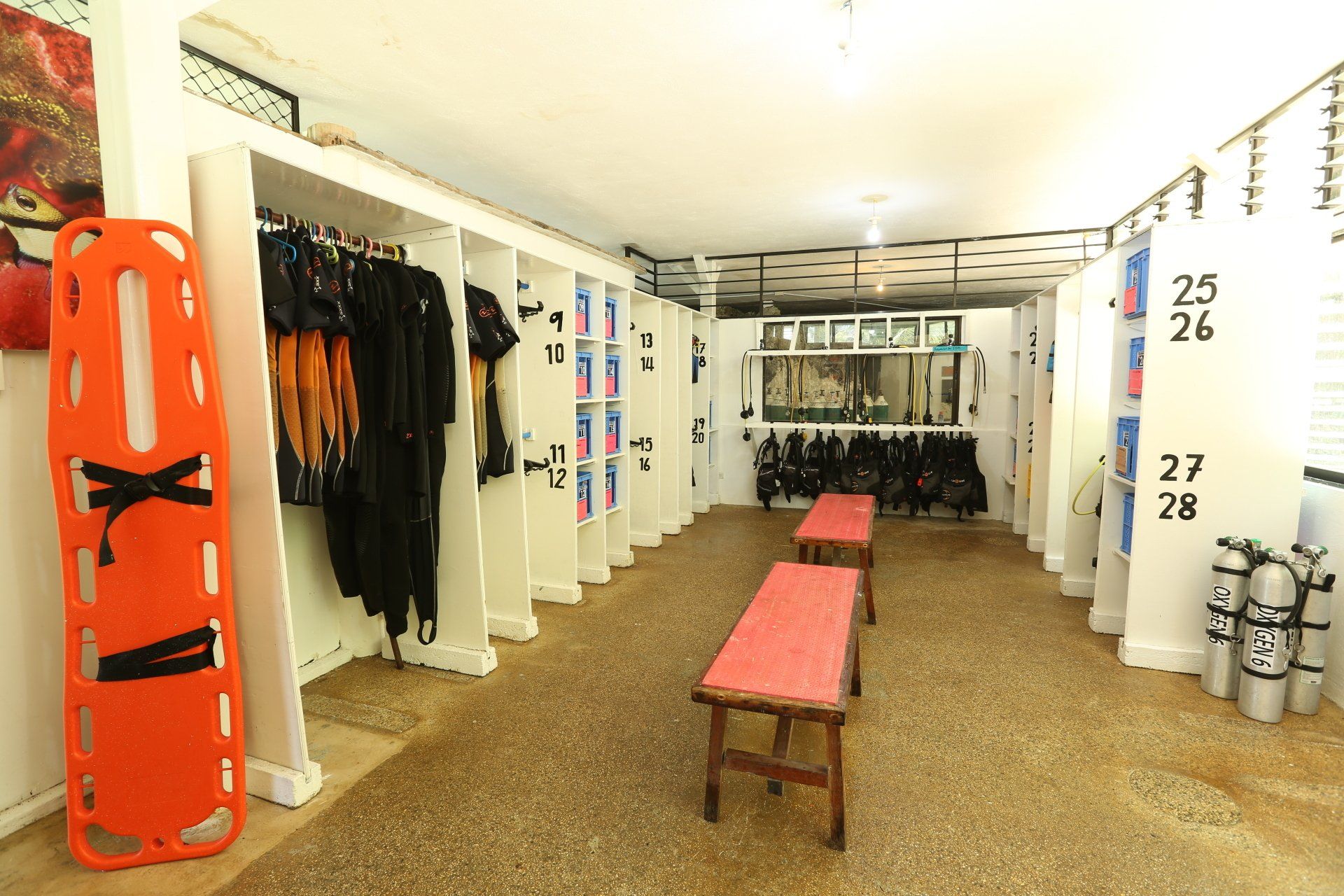 Bright gear room with storage space