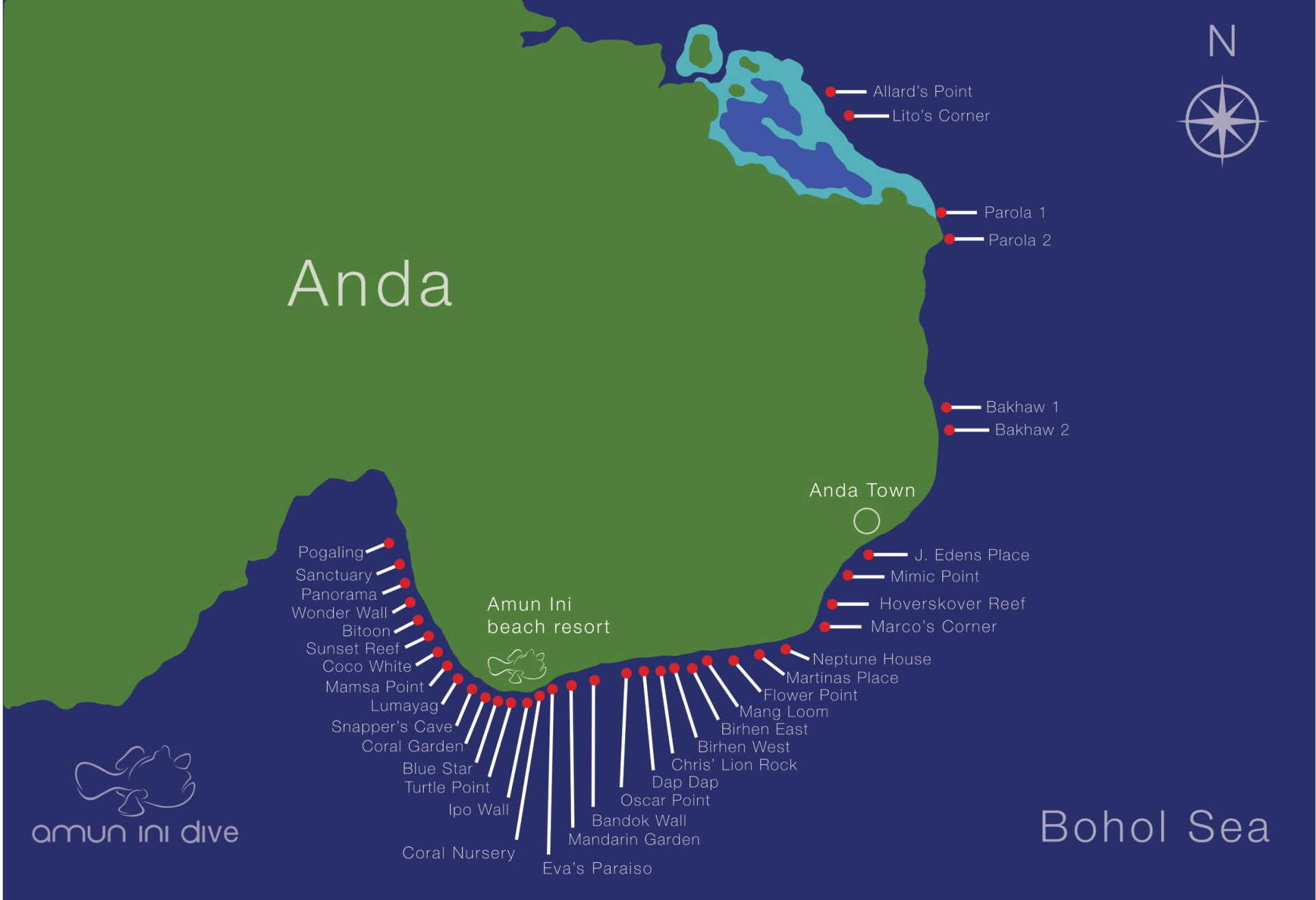 Map of Anda coastline with dive sites