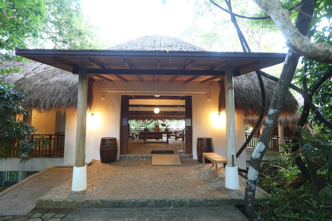 Thatched-roof lodge entrance with white pillars, warm interior lights, and trees surrounding the walkway