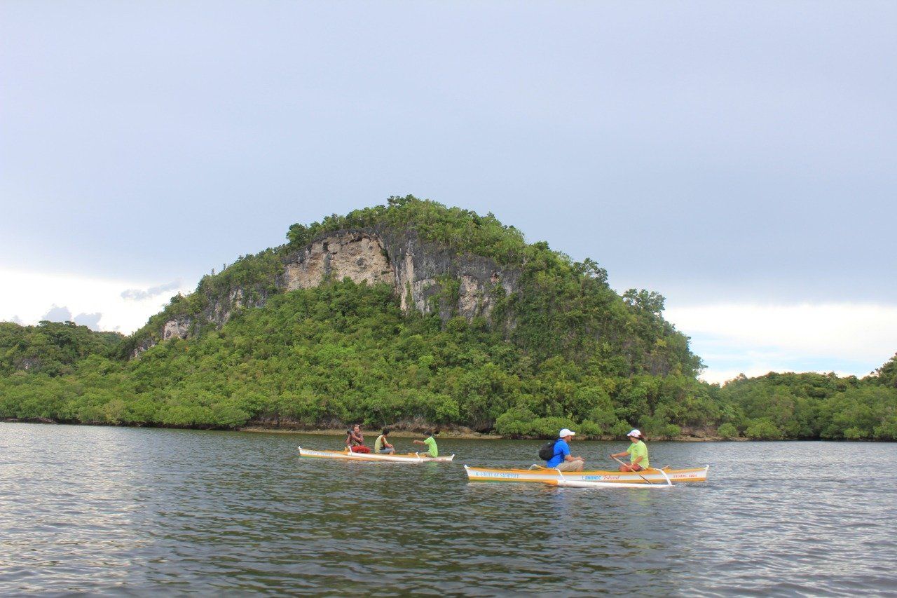 Kayakers paddling on calm water beside a lush green island cliff under a cloudy sky
