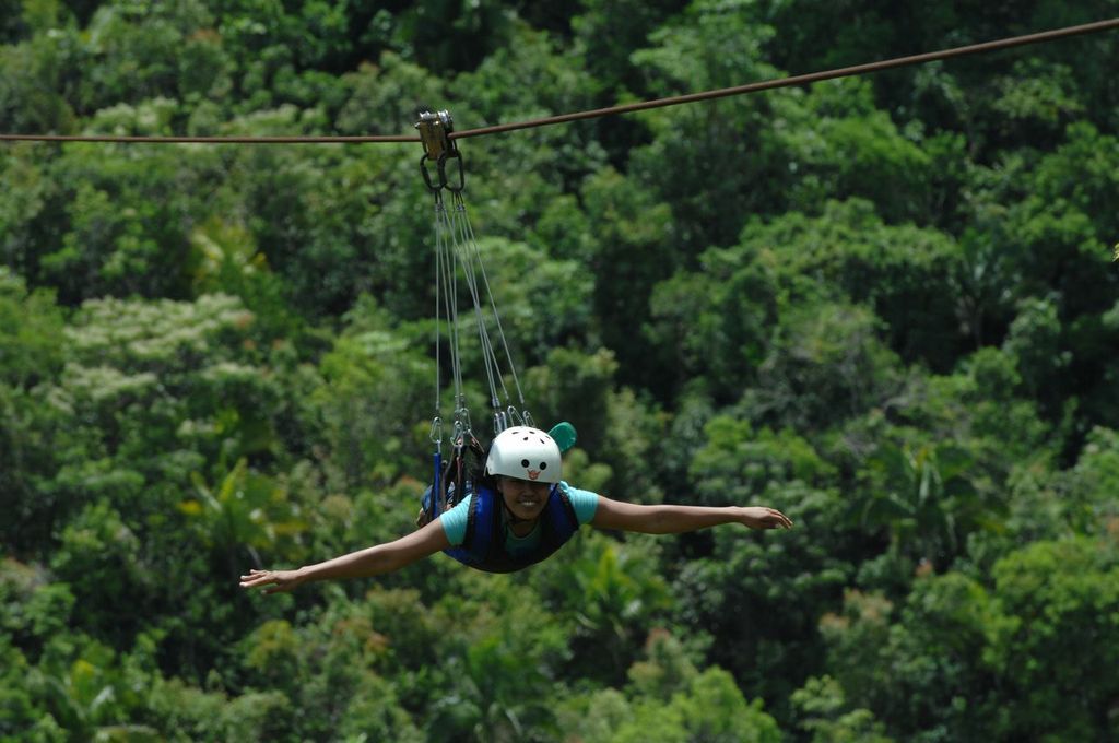 Person ziplining over a lush green forest with arms outstretched
