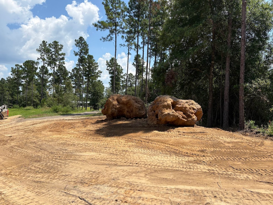 Two large brown boulders on a cleared, dirt area with trees and blue sky.