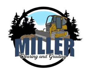 Logo for Miller Clearing and Grading: Dozer in a forest setting, blue sky, black trees, name in blue with tagline.