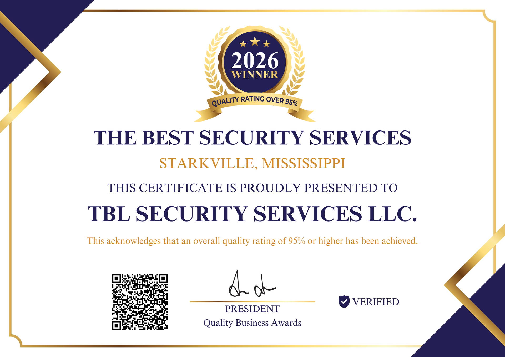 2026 award certificate for TBL Security Services LLC in Starkville, Mississippi, presented by Quality Business Awards.