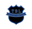 A black shield logo with a blue outline, featuring the letters 