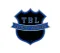 A black shield logo with a blue outline, featuring the letters