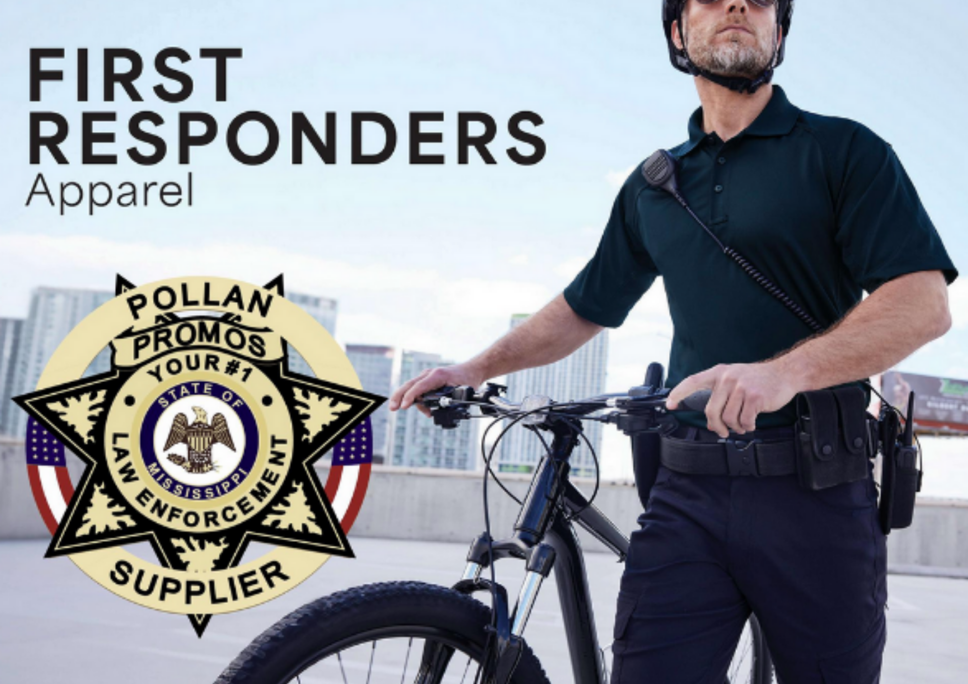 A bicycle officer in dark tactical gear next to a circular badge logo for Pollan Promos First Responders Apparel.